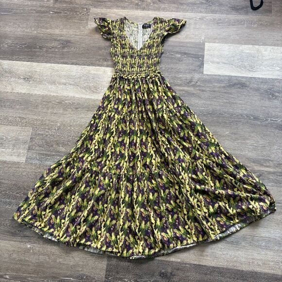 O.P.T  Midi Dress Smock Floral Watercolor Yellow Purple V-Neck Size Small - Picture 2 of 11